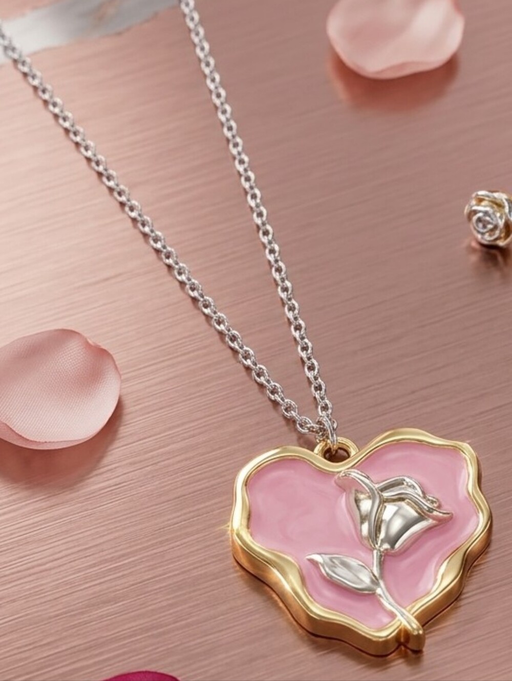 Gold-Trim Pink Heart Pendant Necklace with Rose Accent Adjustable
